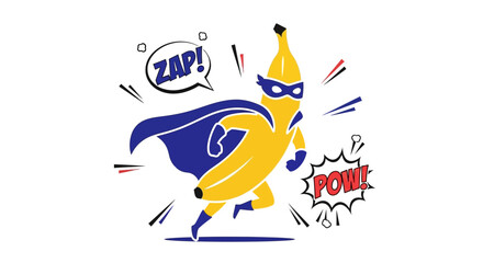 Superhero banana in blue cape.