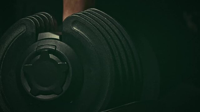 Moody Close-up of Taking an Adjustable Dumbbell from a Rack