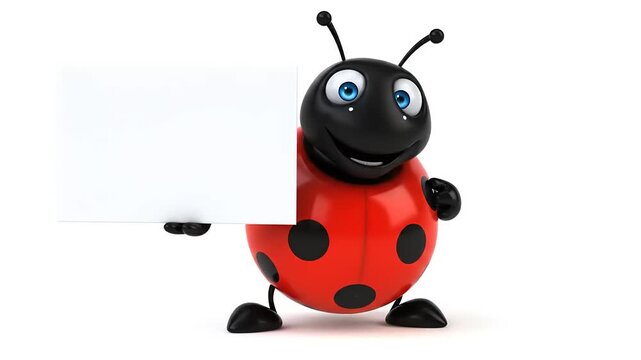 Cartoon ladybug displaying blank sign, 3D rendering, cheerful, white background, insect presenting advertisement, friendly, isolated, happy, bug