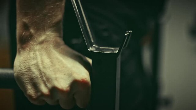 Cinematic Close-up of a Man Performing Dips on Parallel Bars