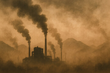 Industrial factory releasing thick pollution smoke into air