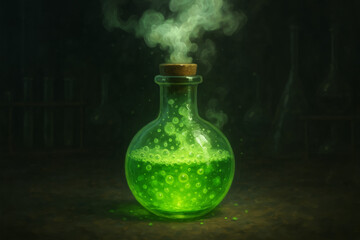 Glowing green potion bubbling in laboratory flask