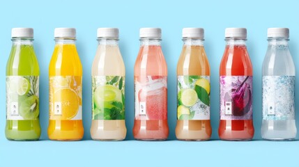 Colorful assorted fruit beverage bottles lined up on blue background showcasing refreshing drink packaging variety
