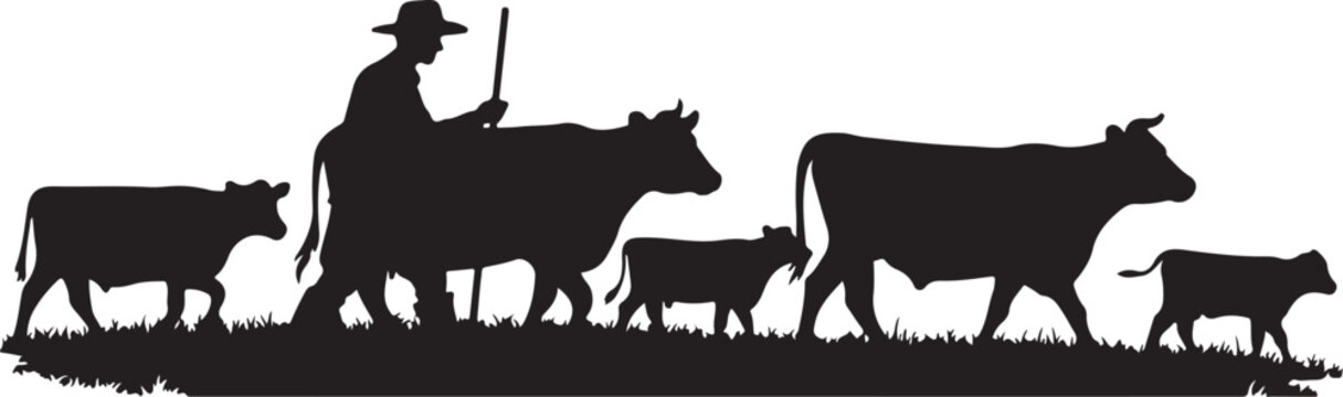 Black silhouette of cowboy herding cattle cows calves