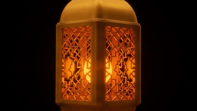 3D animation Ramadan lantern (Fanoos) swinging from the top on a black background for festive corner decoration.