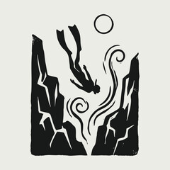 Underwater Adventure: Linocut Style Diver Exploring Deep Ocean