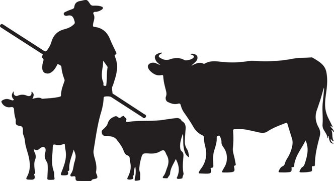 Black silhouette of cowboy with cattle calf