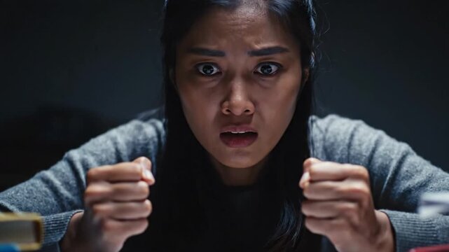 A stressed woman studying late at night, frustrated with her academic work at a desk with books