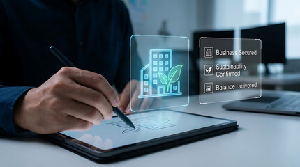 Fototapeta premium Man using stylus on tablet with holographic business interface sustainability concept on screen in office