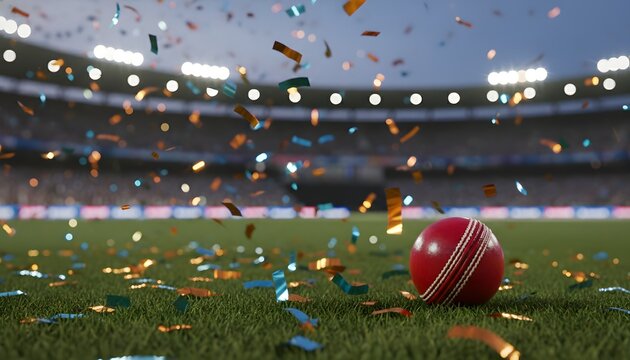 Cricket ball on a stadium pitch with falling confetti for a triumphant celebration concept, ideal for Indian Premier League victory, a dynamic and festive atmosphere