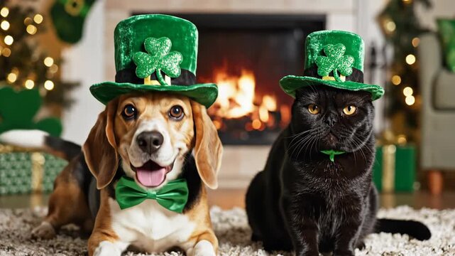 Dog and cat in leprechaun hats by fireplace for St Patrick's Day