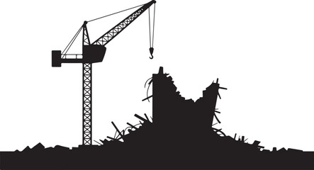 Obraz premium Black silhouette of crane demolishing building demolition