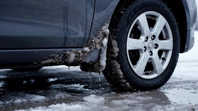 Thick, caked frozen mud mixed with melted snow and road salt is built up along the side skirt, the inner wheel arch, and the tread edges of the black tire fitted with a scuffed, worn 7-spoke silver al