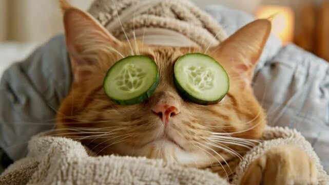 A ginger cat with cucumber slices on its eyes lies relaxed under a blanket, creating a comical and cute image. Used as a background for entertaining posts or advertisements for pet products.
