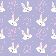 Obraz premium Cute Bunny Seamless Pattern with Emotional Rabbits Bows and Flowers on Lilac Background for Kids Prints Nursery Fabric and Baby Designs