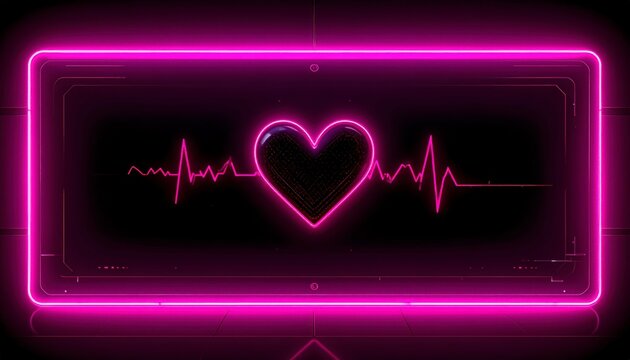 Glowing pink neon heart symbol with heartbeat pulse line inside rectangle frame on dark background. Concept of love energy and medical technology life sign