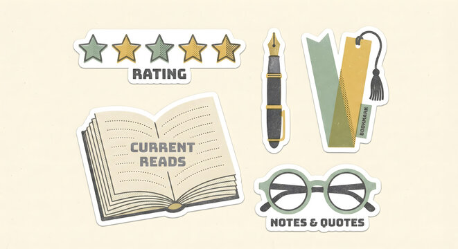 Vintage style reading tracker sticker set with a retro textured aesthetic. Features a star rating banner, fountain pen, open book for current reads, reading glasses, and bookmarks in muted tones.