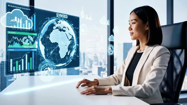 A woman interacts with a futuristic, transparent computer screen displaying various graphs and charts while sitting at a desk in a modern office
