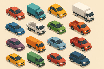 Fototapeta premium Isometric vehicle collection showing cars and trucks