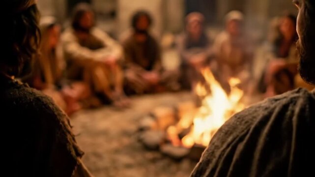 Evocative 4K Biblical Scene of Disciples Gathered Around a Campfire at Night