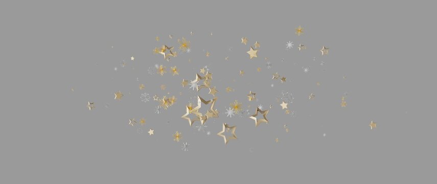 Abstract design with golden stars and glitter particles on a neutral gray backdrop, perfect for cel