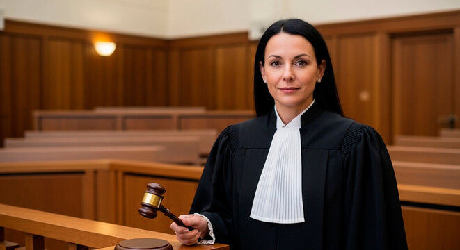 Portrait of a female judge in formal black judicial robe and white pleated jabot holding a wooden gavel in a modern courtroom