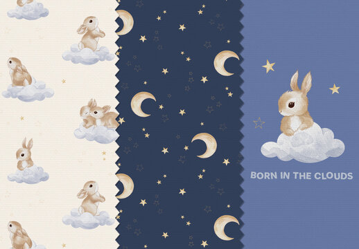 Watercolor night sky seamless pattern set with cute bunny on clouds, editable psdt template. Moon and stars baby nursery wallpaper background with isolated illustration element