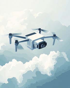 Camera drone flying above clouds, modern quadcopter UAV for aerial photography and technology concept in soft sky landscape