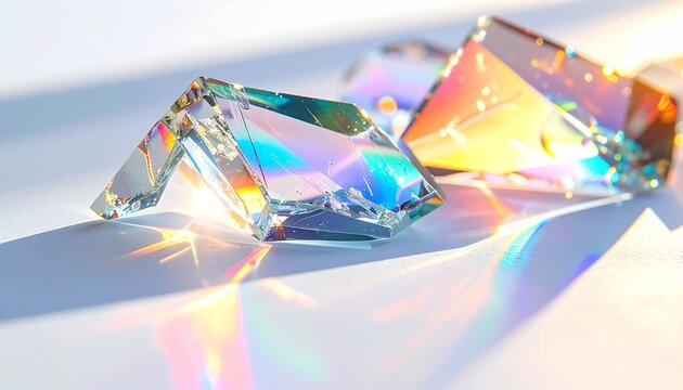 Macro close-up of transparent glass shards on a white surface with sunlight and rainbow-like reflections