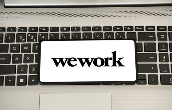 Wework logo on a smartphone screen. Link&ouml;ping, &Ouml;sterg&ouml;tland, Sweden 03-02-2026.