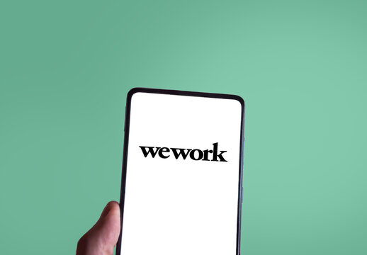 Wework logo on a smartphone screen. Link&ouml;ping, &Ouml;sterg&ouml;tland, Sweden 03-02-2026.