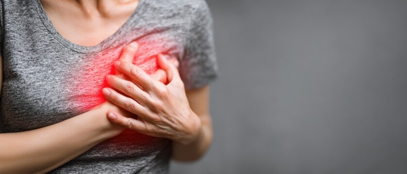 Woman Clutching Chest with Red Pain Spot - Heart Attack and Cardiology Concept.