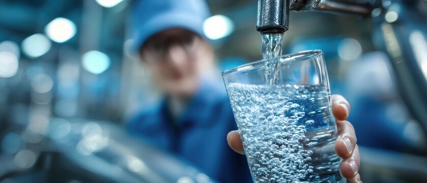 Factory Worker Filling Glass with Fresh Clean Water for Quality Control Inspection - Purification Concept