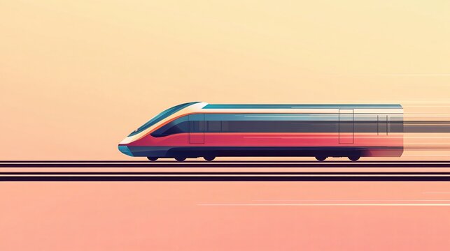 High speed train vector illustration on gradient sunset background, modern bullet train transportation concept with sleek futuristic design