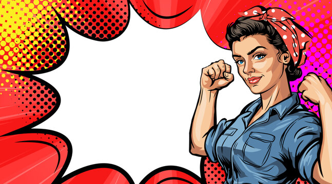 Pop Art Strong Woman - Rosie the Riveter Style Comic Book Illustration with Halftone Background