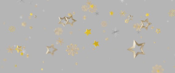 Festive gold stars and snowflakes falling on a gray background, perfect for holiday greetings and c © vegefox.com