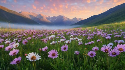 Obraz premium Vibrant purple and white wildflowers in a lush green meadow with majestic mountains at sunset