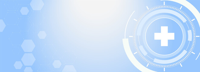 Obraz premium Concept of healthcare and medical technology. Health cross on abstract hi-tech future blue background. Virtual doctor, medical assistant, and innovation medicine