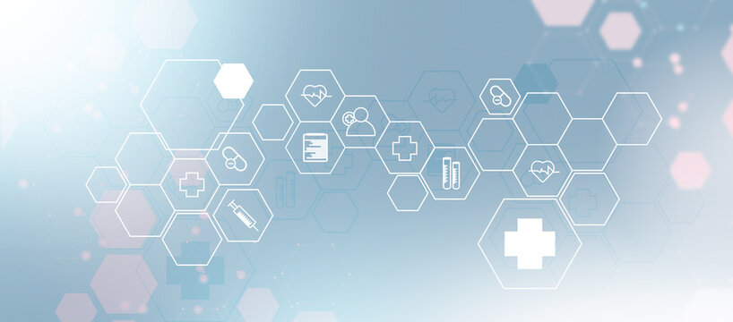 Blue healthcare background with plus signs and molecules. Suitable for medical presentations, healthcare websites, or scientific research articles.