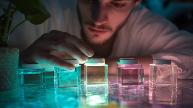 Man interacting with illuminated glass cubes in dark room