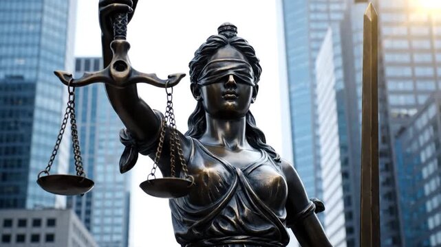 Historic bronze sculpture and ancient stone monument architecture of the Statue of Liberty and the Statue of Justice in Paris stand as a landmark city memorial of European culture and art