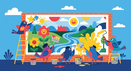 Cartoon birds paint a mural of a sunny landscape © Tiun