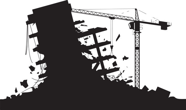 Demolition site with crane and collapsing building