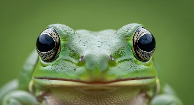 Extreme close up captures detailed features of a bright green amphibian against a soft background
