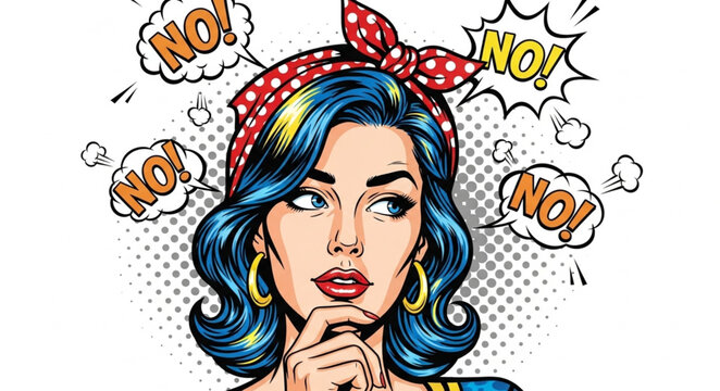 Retro woman in pop art style with thought bubbles expressing refusal.