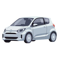 Cartoonish depiction of a compact, white, two-door vehicle