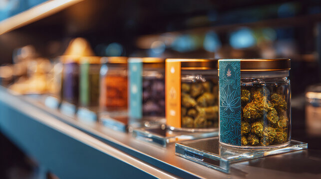 cannabis dispensary, close-up of premium cannabis products in a modern dispensary vibrant colors, subtle branding, and high-quality packaging
