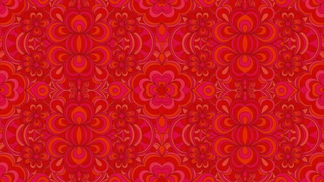 Seamless vibrant red retro floral pattern with abstract shapes and symmetrical design for backgrounds and wallpapers