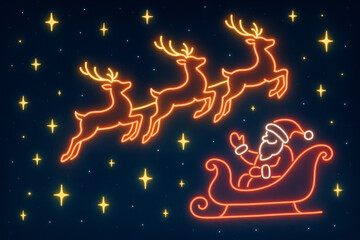 Santa claus and reindeer sleigh flying neon christmas