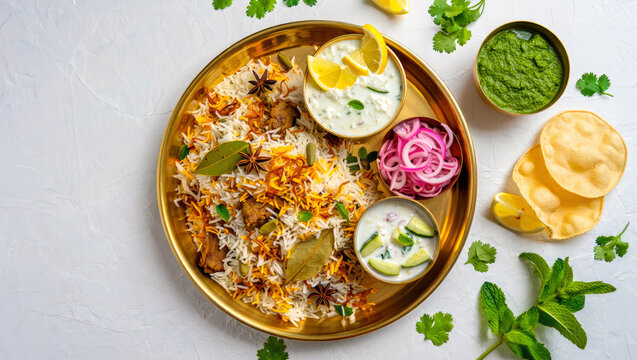 Authentic biryani dish with vibrant accompaniments, served on a brass plate, traditional Indian cuisine, perfect for food blogs and culinary presentations, menu, top view